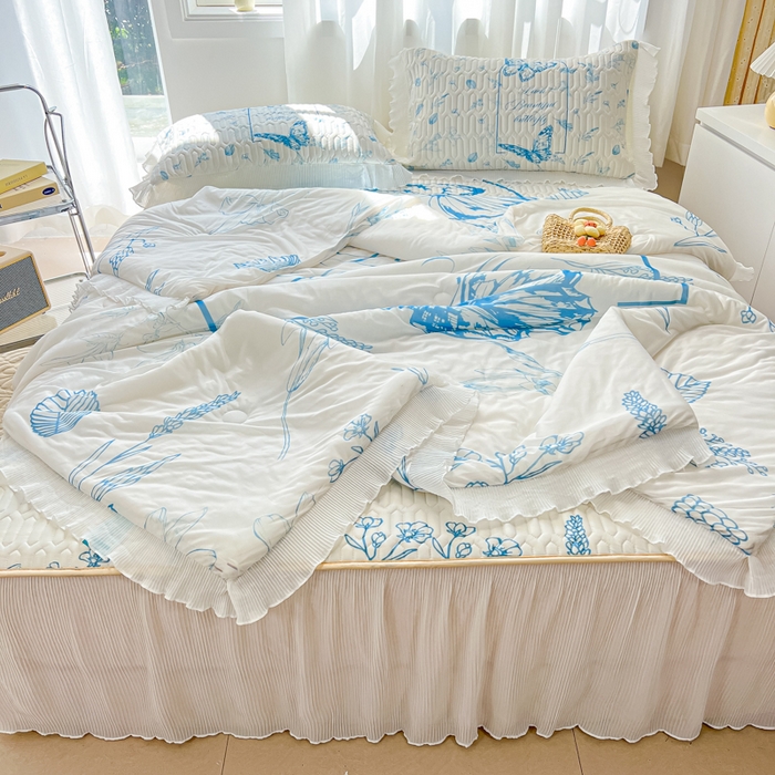 91家纺网 家纺一手货源 找家纺 慕澄家纺 2024新款大版印花乳胶凉席套件-夏被凉席四件套 蝴蝶飞飞