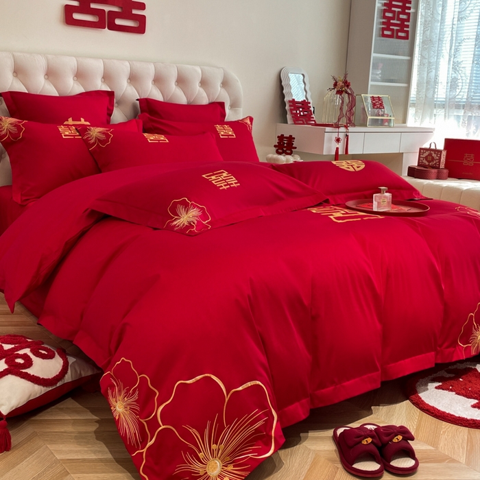 91家纺网 家纺一手货源 找家纺 欧乐蒂 2025新款设计师原创亲肤棉婚庆四件套 花开富贵