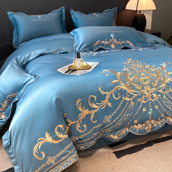 91家纺网 家纺一手货源 找家纺 欧乐蒂 2025新款欧式水洗贡缎全棉刺绣四件套-欧雅终版 宾利蓝
