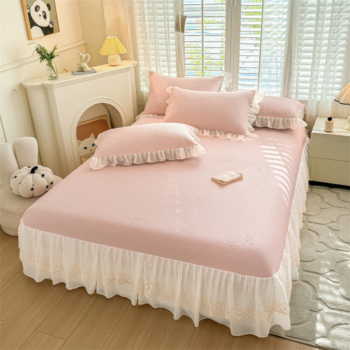 91家纺网 家纺一手货源 找家纺 启程家纺 2024新款A类凉豆豆床裙款凉席三件套 蝴蝶结-粉