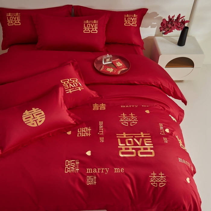 91家纺网 家纺一手货源 找家纺 （总）欧乐蒂 2025新款亲肤棉婚庆刺绣四件套-家有喜事