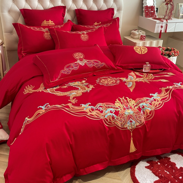 91家纺网 家纺一手货源 找家纺 欧乐蒂 2025新款设计师原创亲肤棉婚庆四件套 龙姿风采