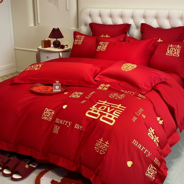 91家纺网 家纺一手货源 找家纺 欧乐蒂 2025新款亲肤棉婚庆刺绣四件套-终版 家有喜事-金