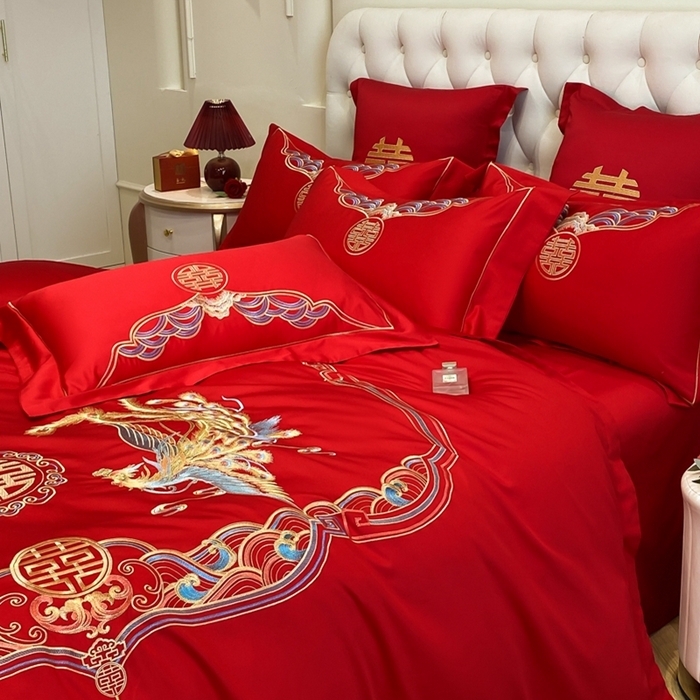 91家纺网 家纺一手货源 找家纺 欧乐蒂 2025新款亲肤棉婚庆刺绣四件套-终版 龙凤瑞彩