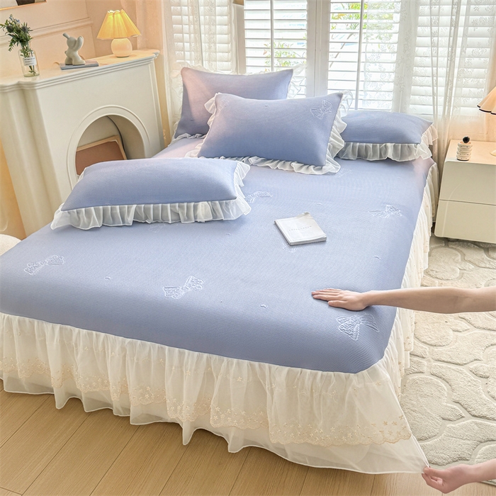 91家纺网 家纺一手货源 找家纺 启程家纺 2024新款A类凉豆豆床裙款凉席三件套 蝴蝶结-紫