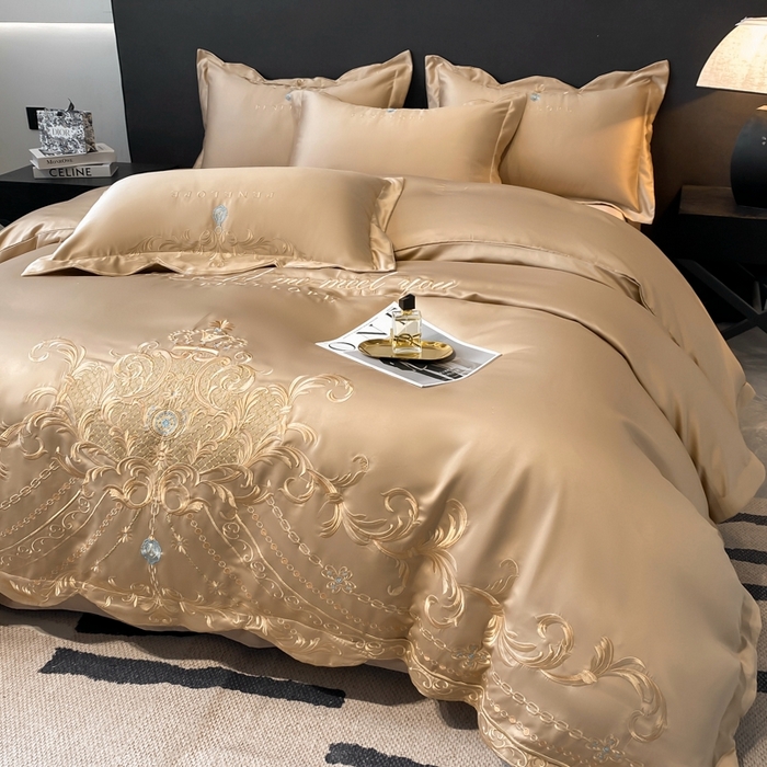 91家纺网 家纺一手货源 找家纺 欧乐蒂 2025新款欧式水洗贡缎全棉刺绣四件套-欧雅终版 香槟