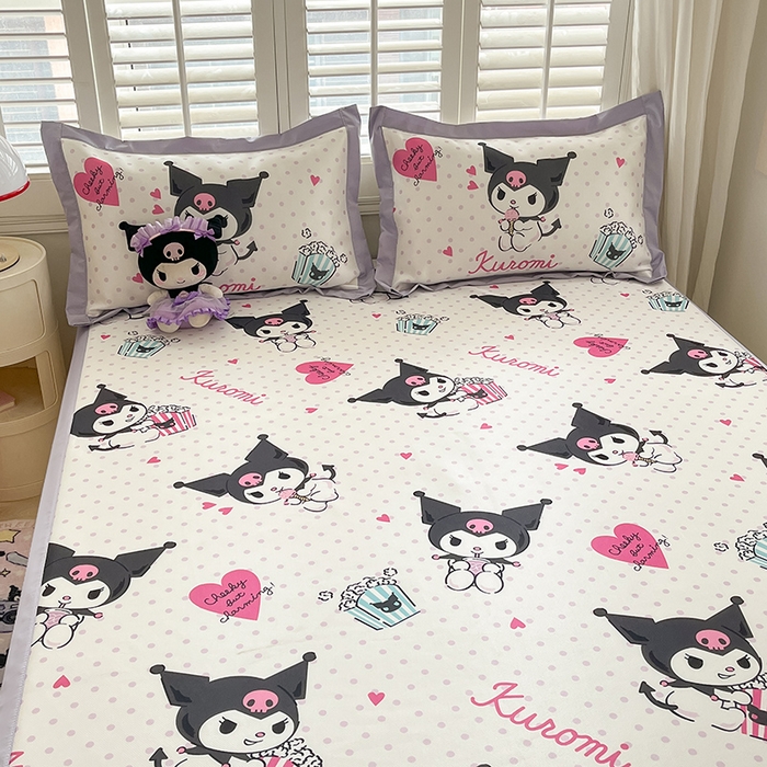 91家纺网 家纺一手货源 找家纺 金爱家 2024新款A类三丽鸥授权数码印花中分子1200D凉感冰丝宽边凉感软席 冰丝席-甜筒爱心库洛米