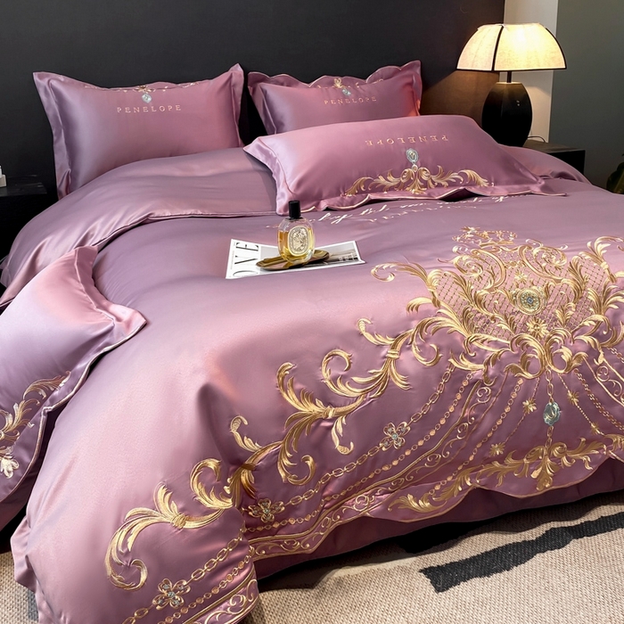 91家纺网 家纺一手货源 找家纺 欧乐蒂 2025新款欧式水洗贡缎全棉刺绣四件套-欧雅终版 豆沙