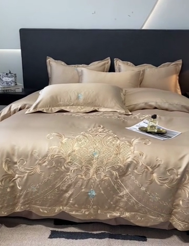 91家纺网 家纺一手货源 找家纺 欧乐蒂 2025新款欧式水洗贡缎全棉刺绣四件套-欧雅终版 香槟