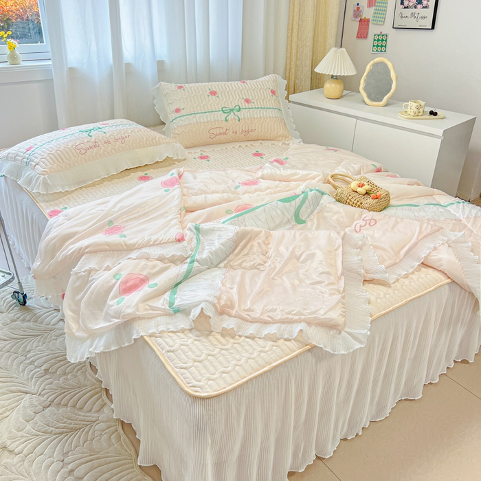 91家纺网 家纺一手货源 找家纺 慕澄家纺 2024新款大版印花乳胶凉席套件-夏被凉席四件套 少女心事