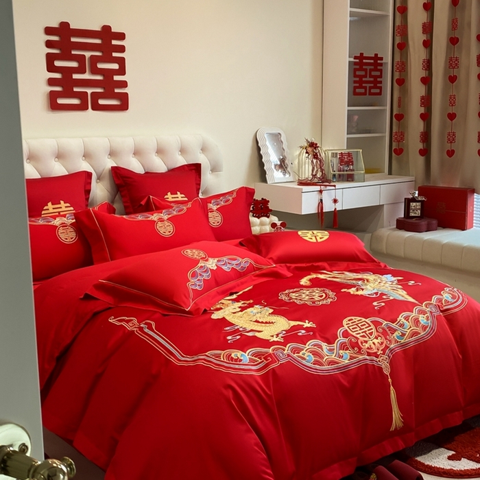 91家纺网 家纺一手货源 找家纺 欧乐蒂 2025新款亲肤棉婚庆刺绣四件套-终版 龙凤瑞彩