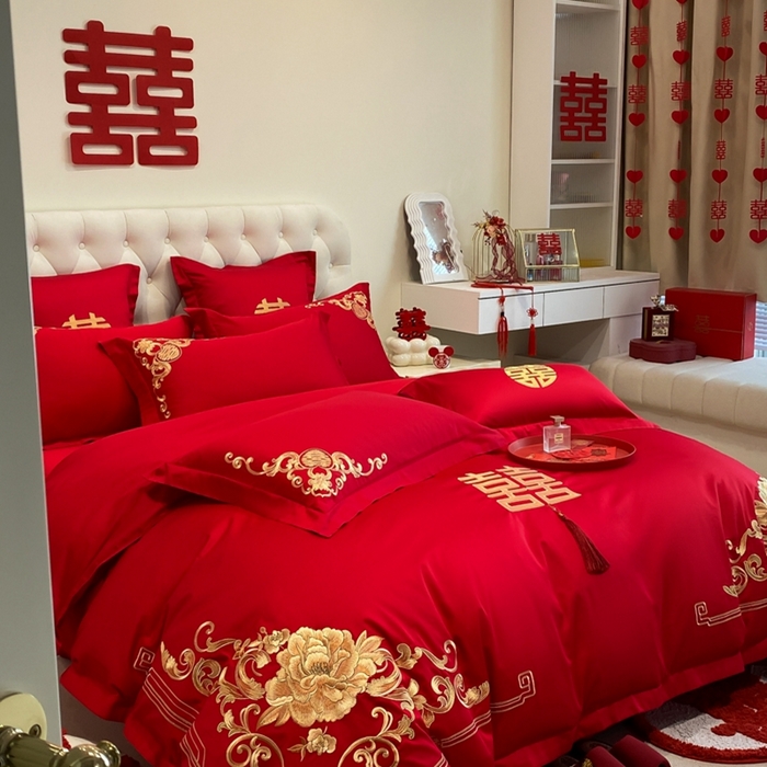 91家纺网 家纺一手货源 找家纺 欧乐蒂 2025新款亲肤棉婚庆刺绣四件套-终版 花开浪漫