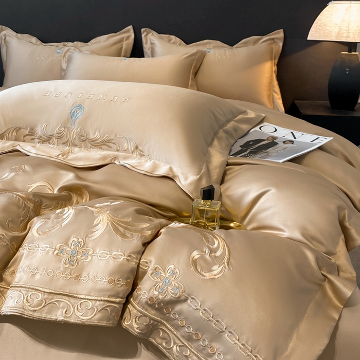 91家纺网 家纺一手货源 找家纺 欧乐蒂 2025新款欧式水洗贡缎全棉刺绣四件套-欧雅终版 香槟