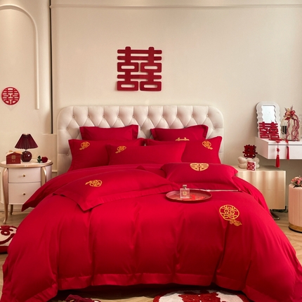 欧乐蒂 2025新款设计师原创亲肤棉婚庆四件套 云喜东方