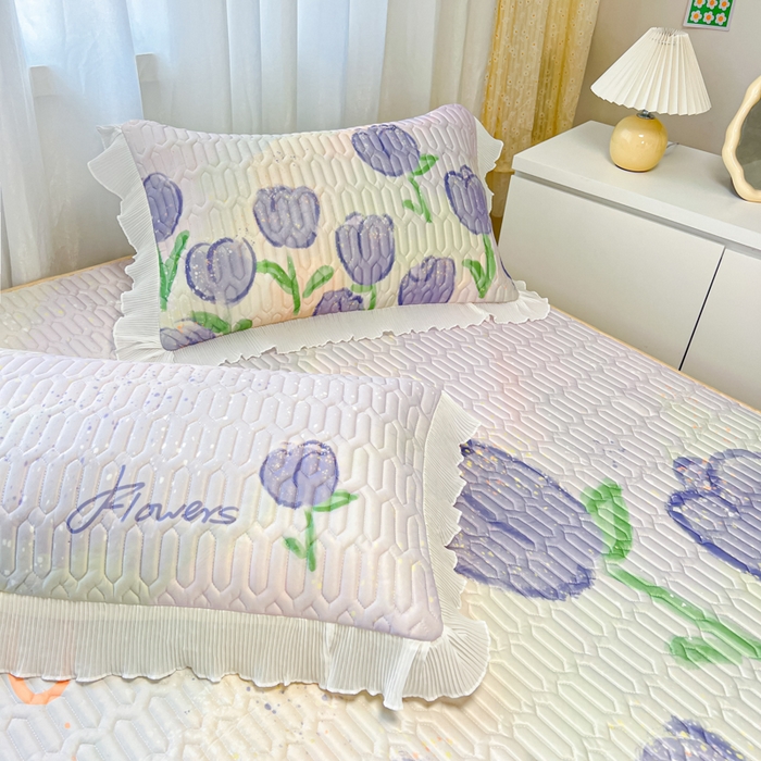 91家纺网 家纺一手货源 找家纺 慕澄家纺 2024新款大版印花乳胶凉席套件-夏被凉席四件套 紫色郁金香