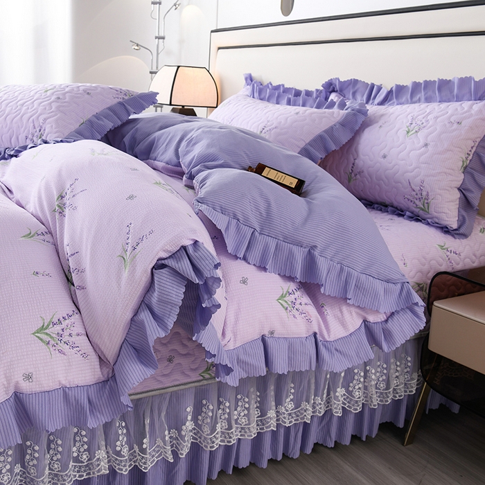 91家纺网 家纺一手货源 找家纺 艾裙海 2025新款云感双层纱床盖四件套 紫色薰衣草