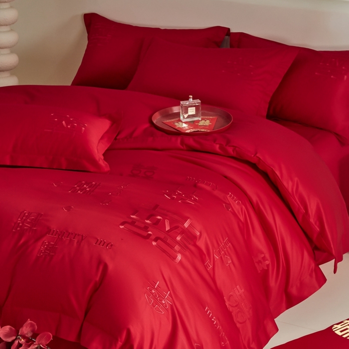 91家纺网 家纺一手货源 找家纺 欧乐蒂 2025新款亲肤棉婚庆刺绣四件套-家有喜事 家有喜事-红