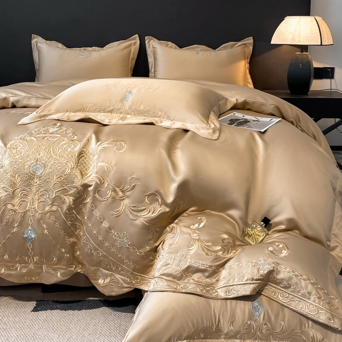 91家纺网 家纺一手货源 找家纺 欧乐蒂 2025新款欧式水洗贡缎全棉刺绣四件套-欧雅终版 香槟