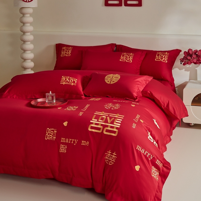 91家纺网 家纺一手货源 找家纺 欧乐蒂 2025新款亲肤棉婚庆刺绣四件套-家有喜事 家有喜事-金