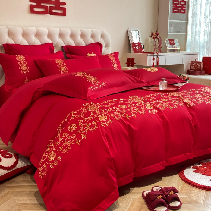 91家纺网 家纺一手货源 找家纺 欧乐蒂 2025新款设计师原创亲肤棉婚庆四件套 喜事连连