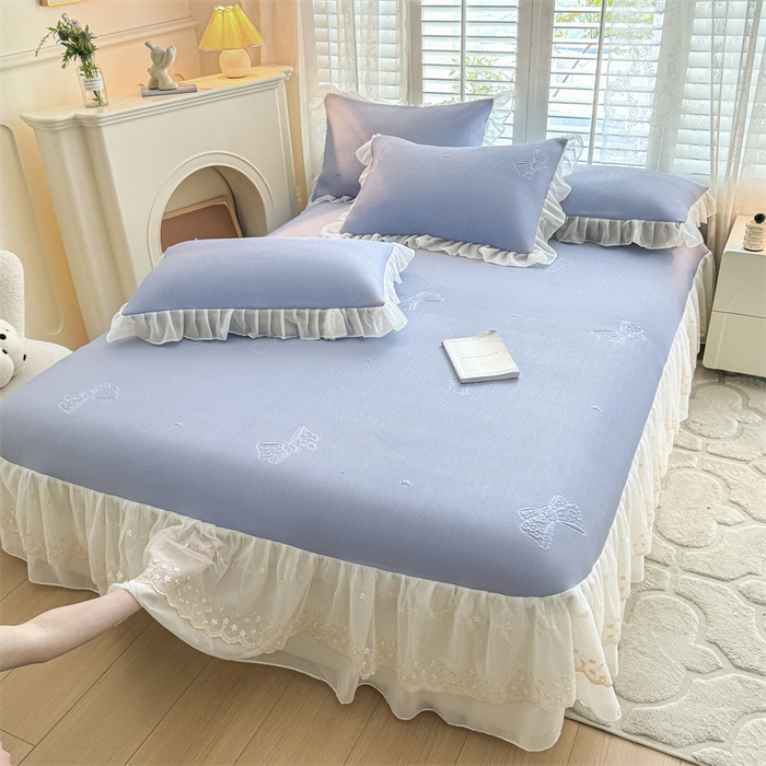 91家纺网 家纺一手货源 找家纺 启程家纺 2024新款A类凉豆豆床裙款凉席三件套 蝴蝶结-紫