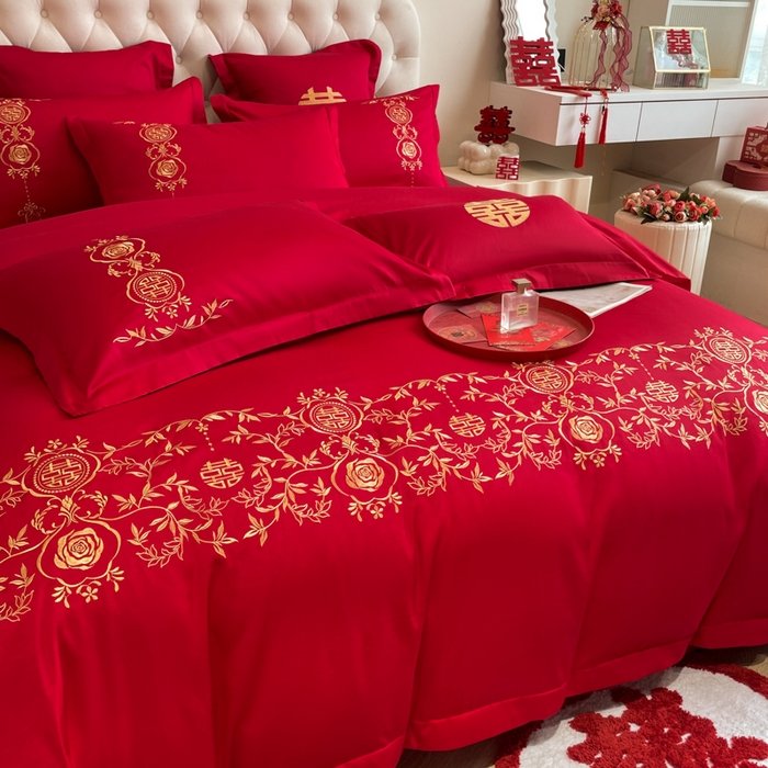 91家纺网 家纺一手货源 找家纺 欧乐蒂 2025新款设计师原创亲肤棉婚庆四件套 喜事连连