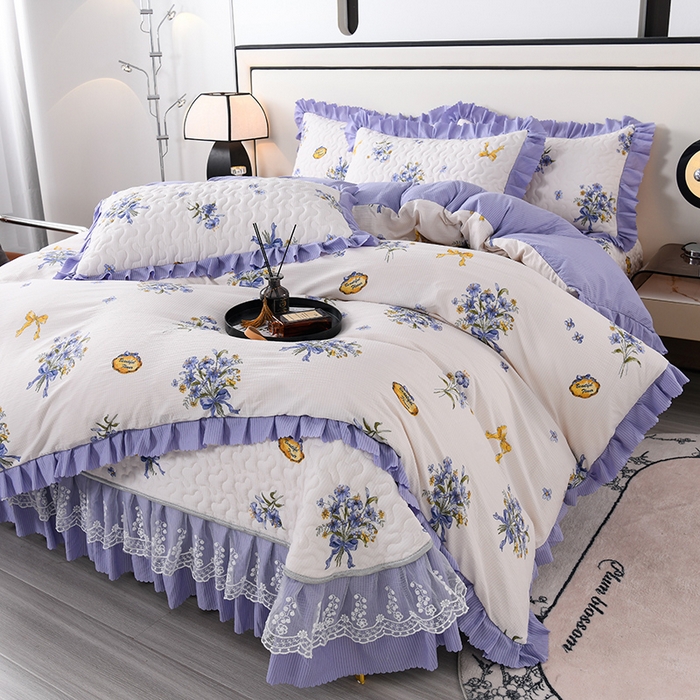 91家纺网 家纺一手货源 找家纺 艾裙海 2025新款云感双层纱床盖四件套 紫束