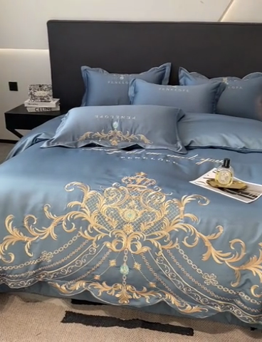 91家纺网 家纺一手货源 找家纺 欧乐蒂 2025新款欧式水洗贡缎全棉刺绣四件套-欧雅终版 宾利蓝