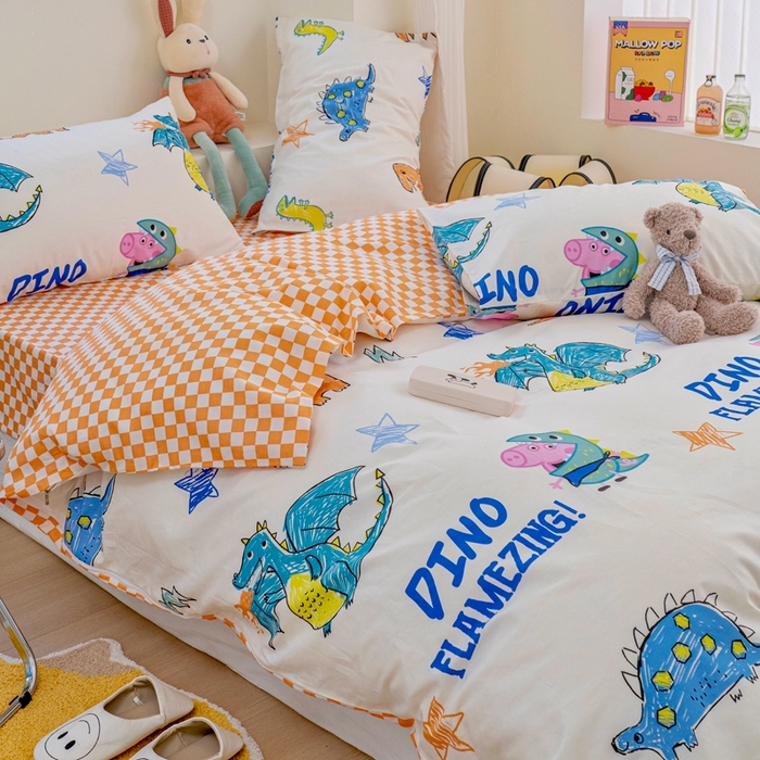 91家纺网 家纺一手货源 找家纺 朵希曼 2026新款AB版全棉小猪佩奇系列四件套 恐龙乔治