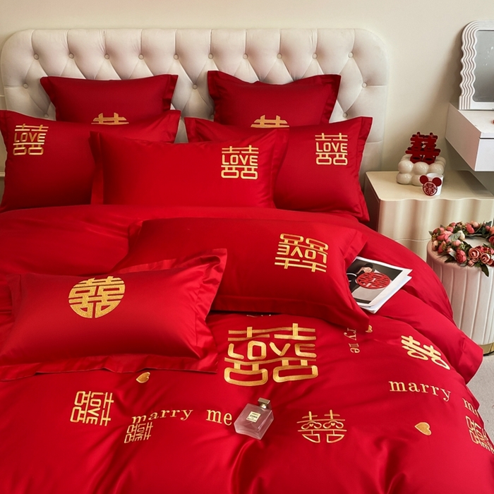 91家纺网 家纺一手货源 找家纺 欧乐蒂 2025新款亲肤棉婚庆刺绣四件套-终版 家有喜事-金