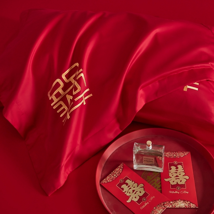 91家纺网 家纺一手货源 找家纺 欧乐蒂 2025新款亲肤棉婚庆刺绣四件套-家有喜事 家有喜事-金