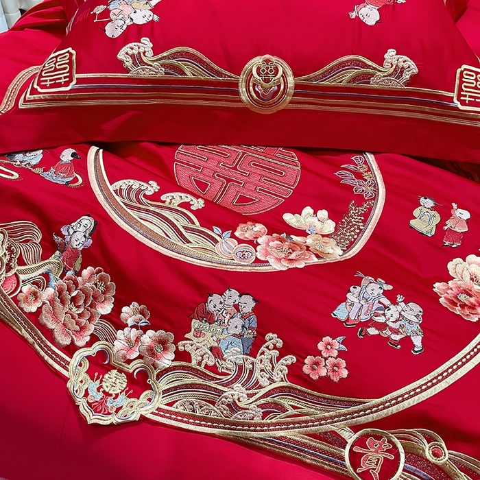 91家纺网 家纺一手货源 找家纺 卓缦家纺 2024新款全棉刺绣提花四件套 百子呈祥