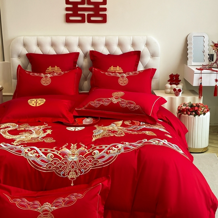 91家纺网 家纺一手货源 找家纺 欧乐蒂 2025新款亲肤棉婚庆刺绣四件套-终版 龙凤祥瑞