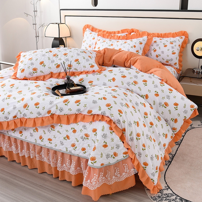 91家纺网 家纺一手货源 找家纺 艾裙海 2025新款云感双层纱床盖四件套 暖心花园