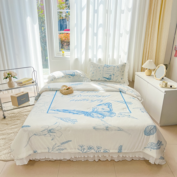 91家纺网 家纺一手货源 找家纺 慕澄家纺 2024新款大版印花乳胶凉席套件-夏被凉席四件套 蝴蝶飞飞