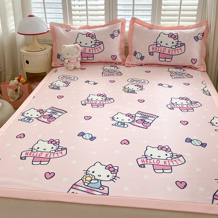 91家纺网 家纺一手货源 找家纺 金爱家 2024新款A类三丽鸥授权数码印花中分子1200D凉感冰丝宽边凉感软席 冰丝席-糖果爱心kitty