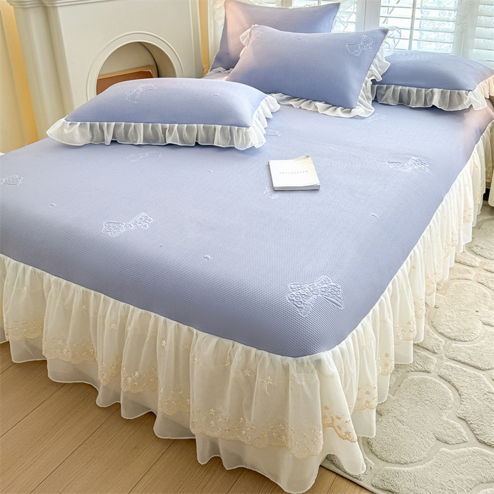 91家纺网 家纺一手货源 找家纺 启程家纺 2024新款A类凉豆豆床裙款凉席三件套 蝴蝶结-紫