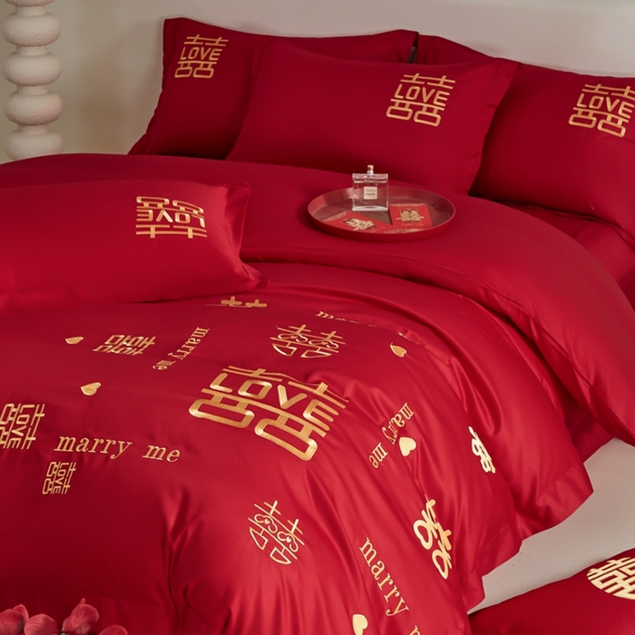 91家纺网 家纺一手货源 找家纺 （总）欧乐蒂 2025新款亲肤棉婚庆刺绣四件套-家有喜事