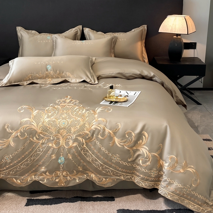 91家纺网 家纺一手货源 找家纺 欧乐蒂 2025新款欧式水洗贡缎全棉刺绣四件套-欧雅终版 高级灰