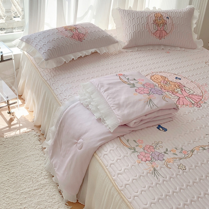91家纺网 家纺一手货源 找家纺 慕澄家纺 2024新款大版印花乳胶凉席套件-夏被凉席四件套 女孩