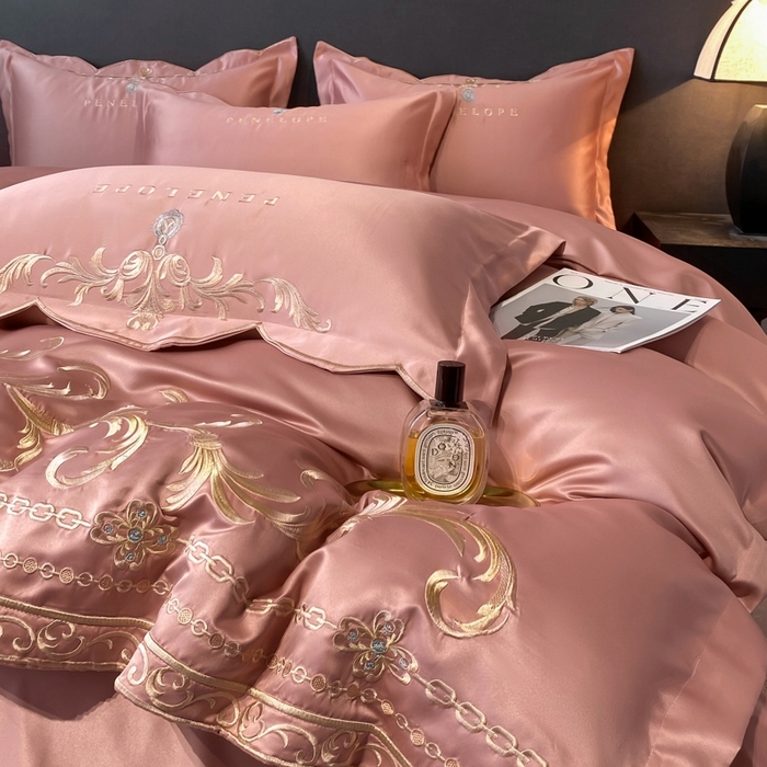 91家纺网 家纺一手货源 找家纺 欧乐蒂 2025新款欧式水洗贡缎全棉刺绣四件套-欧雅终版 玉色