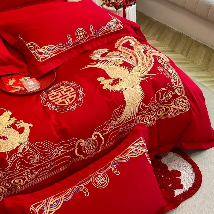 91家纺网 家纺一手货源 找家纺 欧乐蒂 2025新款亲肤棉婚庆刺绣四件套-终版 龙腾凤跃