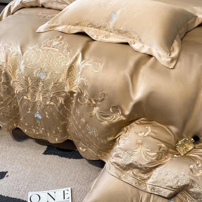 91家纺网 家纺一手货源 找家纺 欧乐蒂 2025新款欧式水洗贡缎全棉刺绣四件套-欧雅终版 香槟