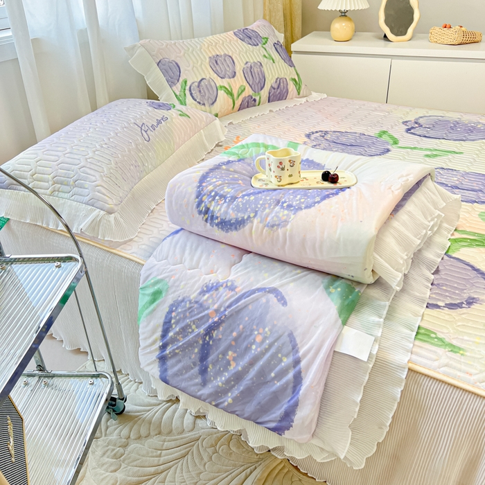 91家纺网 家纺一手货源 找家纺 慕澄家纺 2024新款大版印花乳胶凉席套件-夏被凉席四件套 紫色郁金香