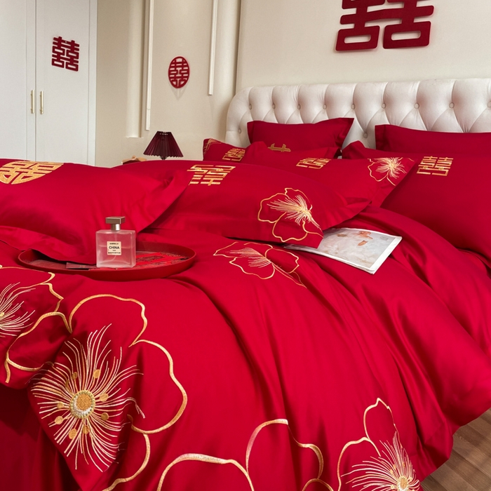 91家纺网 家纺一手货源 找家纺 欧乐蒂 2025新款设计师原创亲肤棉婚庆四件套 花开富贵