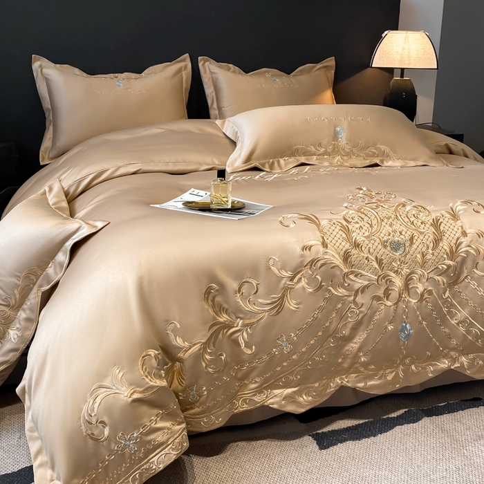 91家纺网 家纺一手货源 找家纺 欧乐蒂 2025新款欧式水洗贡缎全棉刺绣四件套-欧雅终版 香槟