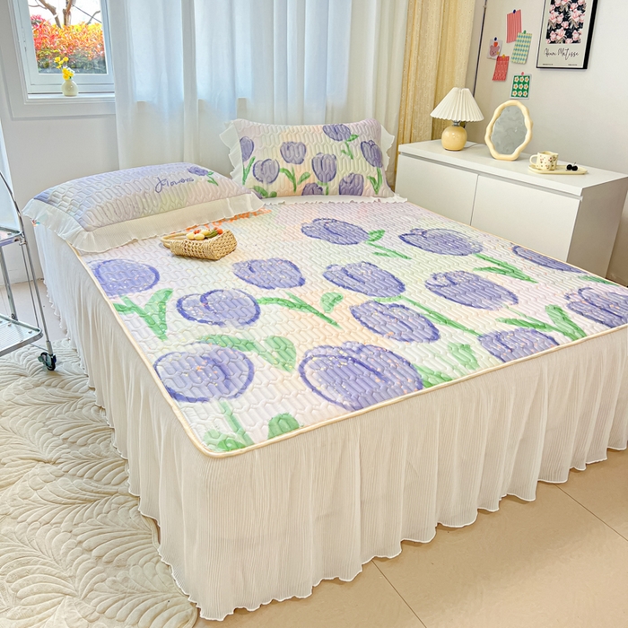 91家纺网 家纺一手货源 找家纺 慕澄家纺 2024新款大版印花床裙款乳胶凉席-凉席三件套 紫色郁金香