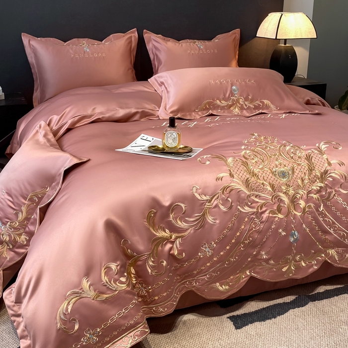 91家纺网 家纺一手货源 找家纺 欧乐蒂 2025新款欧式水洗贡缎全棉刺绣四件套-欧雅终版 玉色