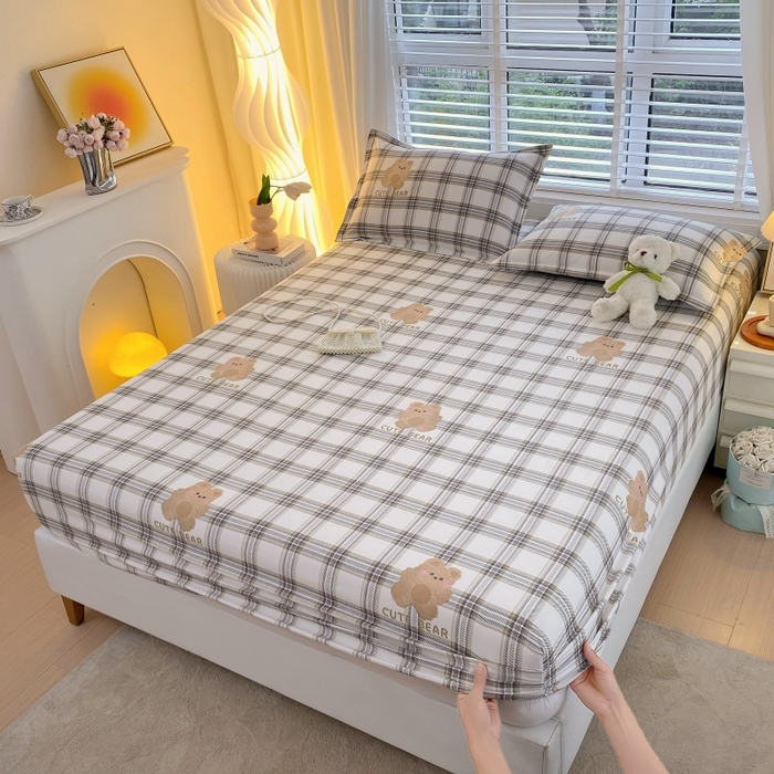 91家纺网 家纺一手货源 找家纺 金丝兔 2025新款植物羊绒磨毛单床笠 格子熊