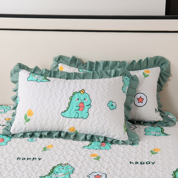 91家纺网 家纺一手货源 找家纺 艾裙海 2025新款云感双层纱单床盖 开心小恐龙